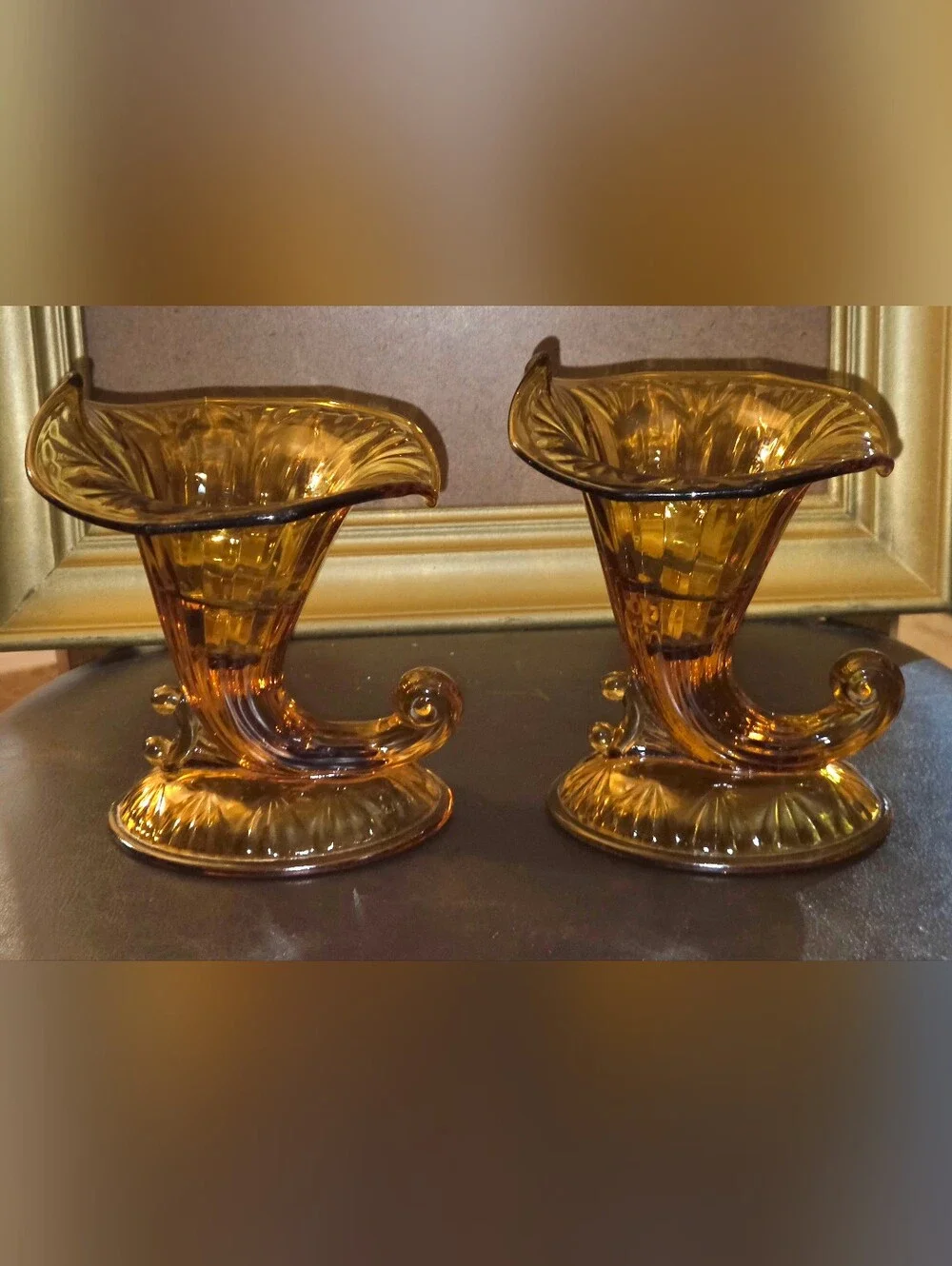 Set of Fenton Amber Glass Cornucopia Candleholders w Ruffled Rims & Fluted Base